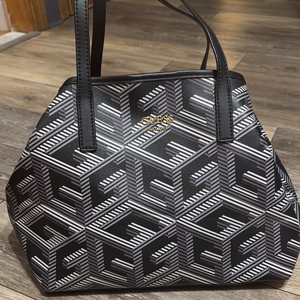 GUESS Vikky Black and White Geometric Women's Tote with small matching bag